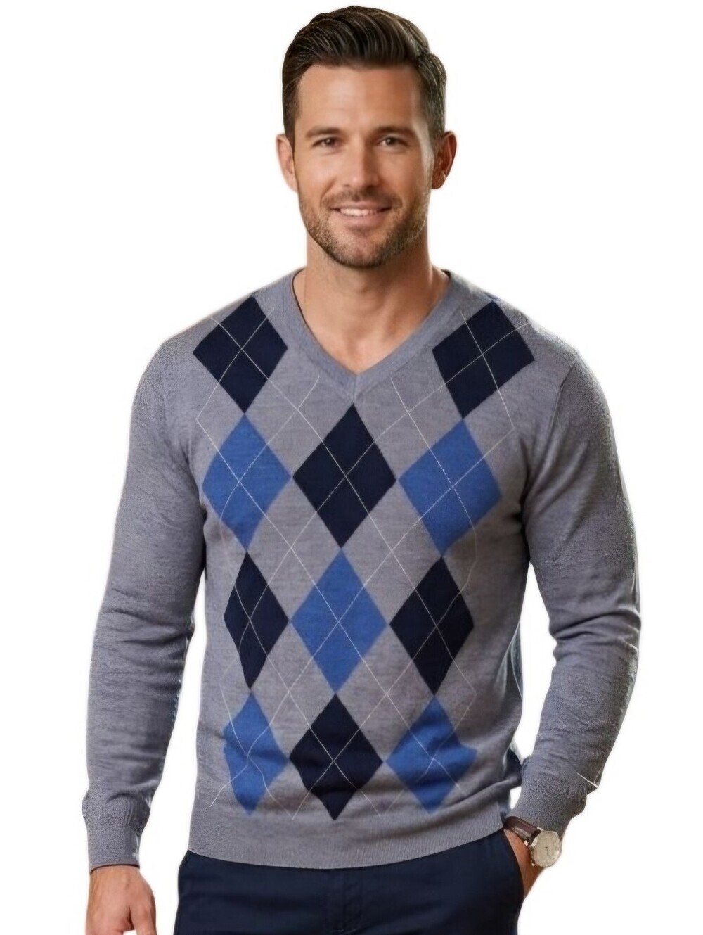 Garret Scott NWT Extra Fine Merino Wool Gray V Neck Argyle Sweater Size S